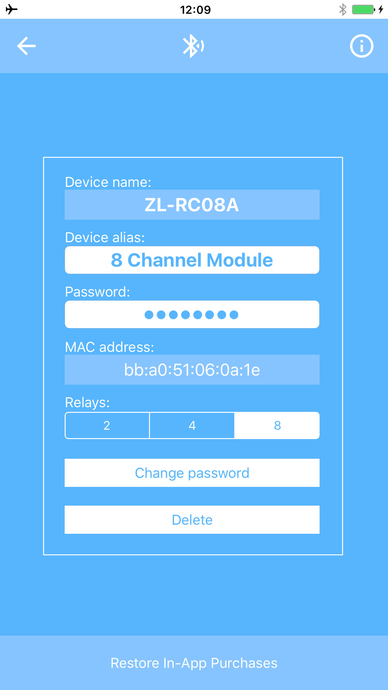 8 Channel Relay Module Bluetooth Settings (The app also works with the iPad)